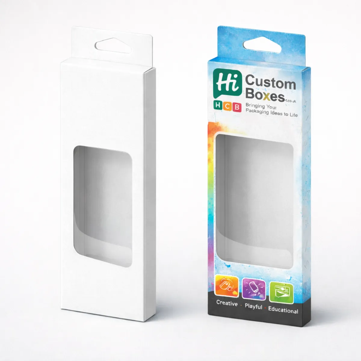 Two vertical hanging pencil boxes with display windows; one is plain white, the other has blue and rainbow accents.